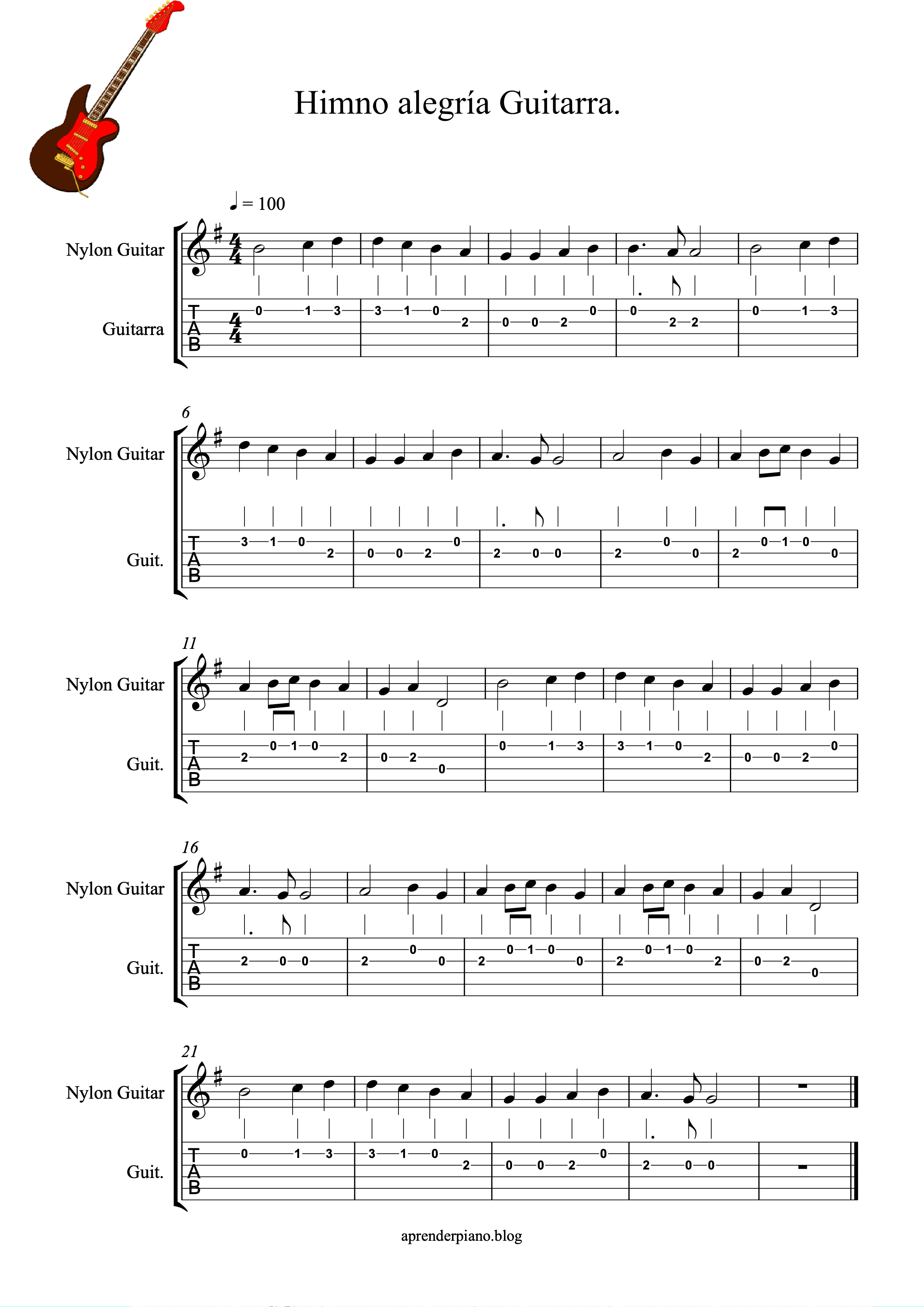 fusión Incentivo Adición Tablatura: himno de la alegría. Aprendo guitarra. - Mis apuntes para  aprender música.